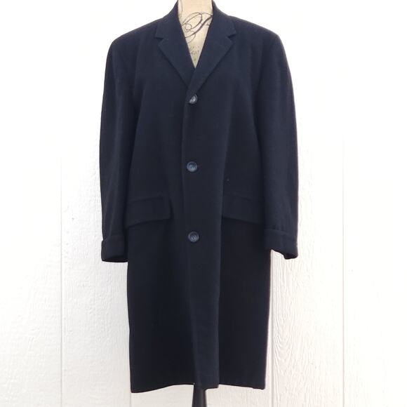 VTG 100% Cashmere Overcoat L Black Hand Tailored Quiet Luxury Mob Boss 60s USA
